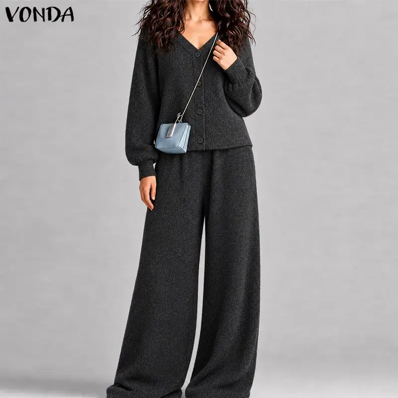 VONDA Autumn Women Pants Sets V Neck Button Long Sleeve Tops Blusas High Waist Wide Leg Pants Two-piece Outfits 2PCS