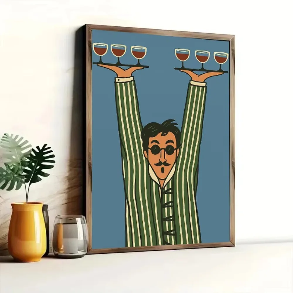 Retro Server Wall Paintings Decor  Funny Kitchen Gift Cafe Bartender Minimalist Waiter Canvas Print Wine Glasses Bar Poster