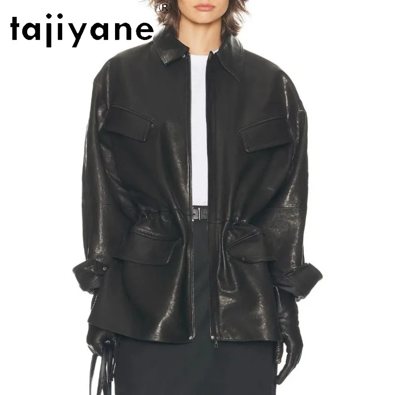 TAJIYANE Genuine Leather Jacket Women New Vegetable Tanned Sheepskin Jackets Mid Length Oversized Leather Outerwear Black Косуха