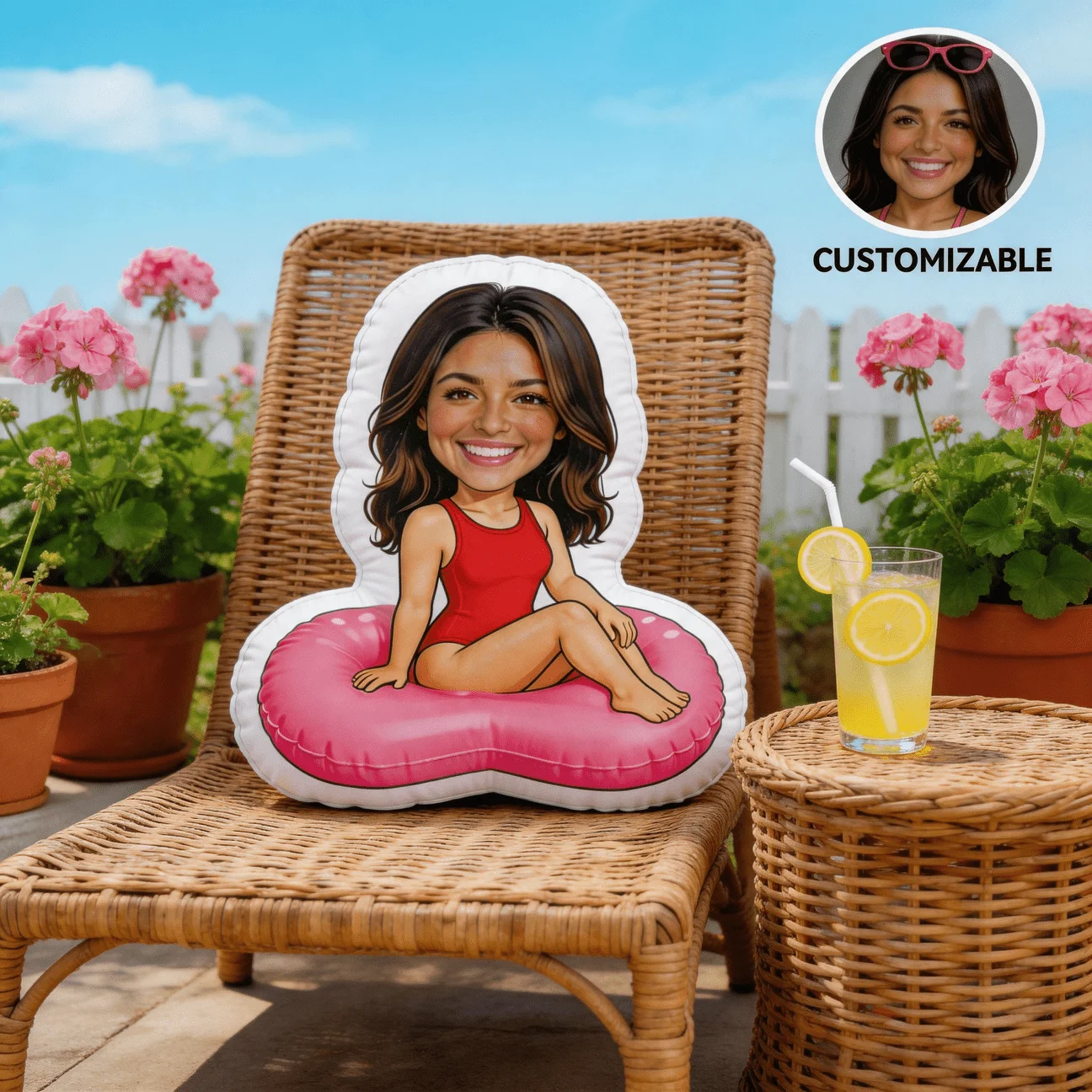 Custom Personalized Photo Face Pillow, Cartoon Style Woman in Red Swimsuit Custom Shaped Decorative Cushion with Double-Sided Pr
