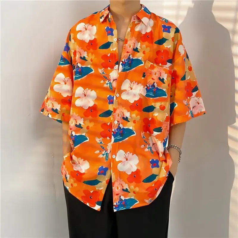 

Men's Summer Vintage Hawaiian Short Sleeve Floral Shirt Fashion Handsome Loose Versatile Tops Beach Holiday Print Shirt Coat