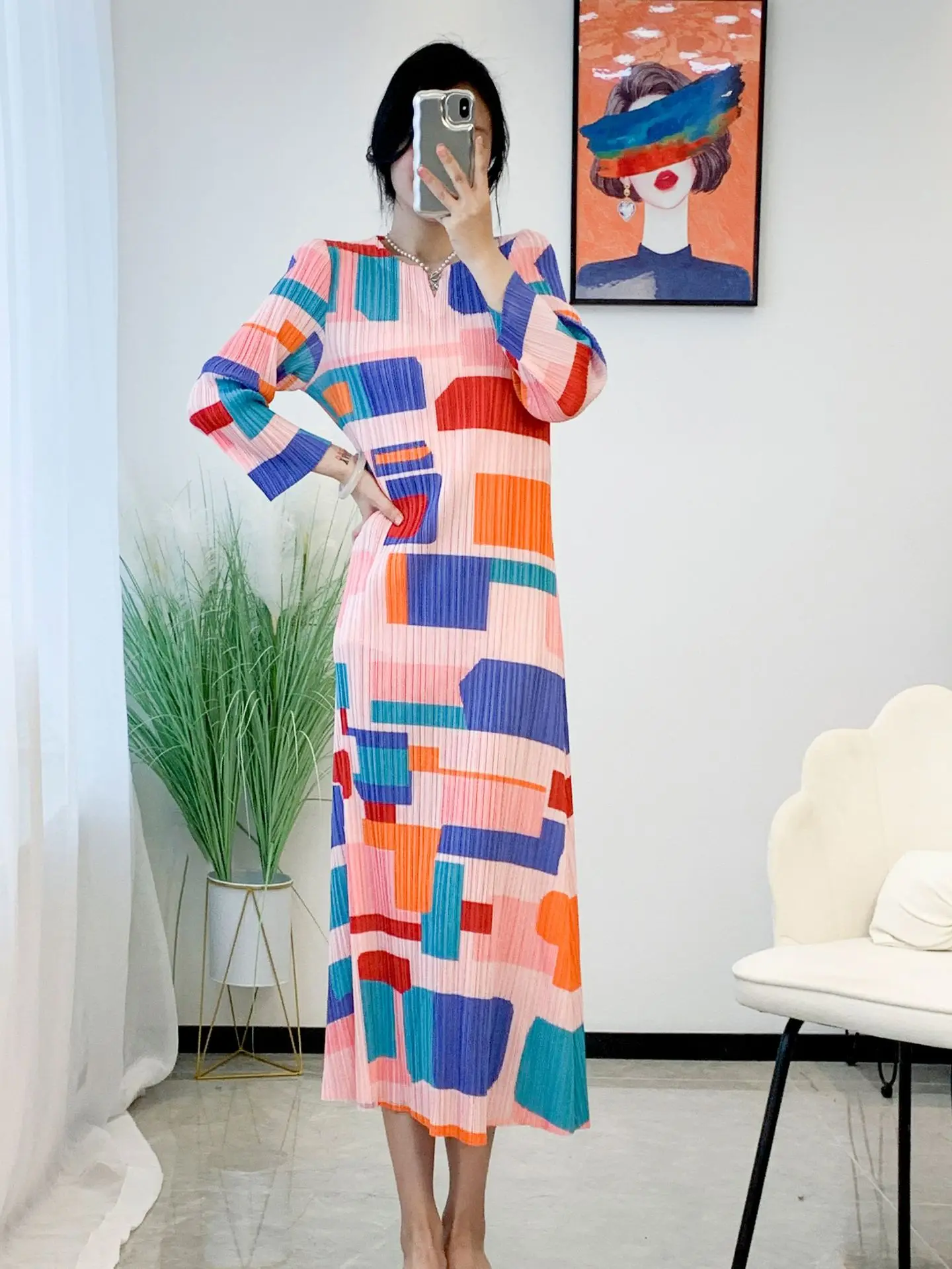 

Pleated Spring Women's 2023 New High-end Printed Slim French Dress Temperament Slim Long Dress