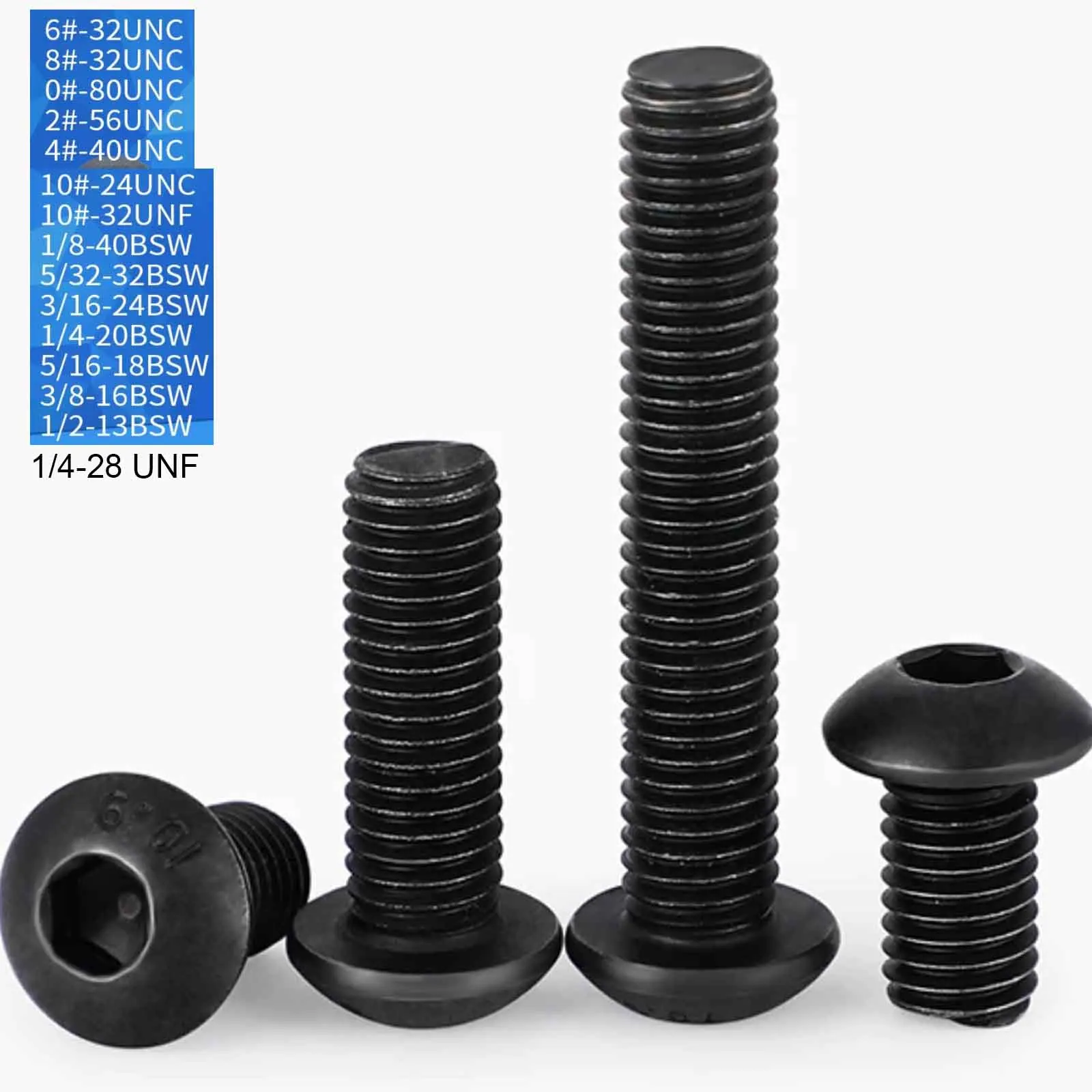10/100pcs 0# 2# 4# 6# 8# to 1/2-13 UNC UNF BSW Inch Round Head Hex Socket Cap Screw Imperial Button Head Allen Bolt 10.9 Grade