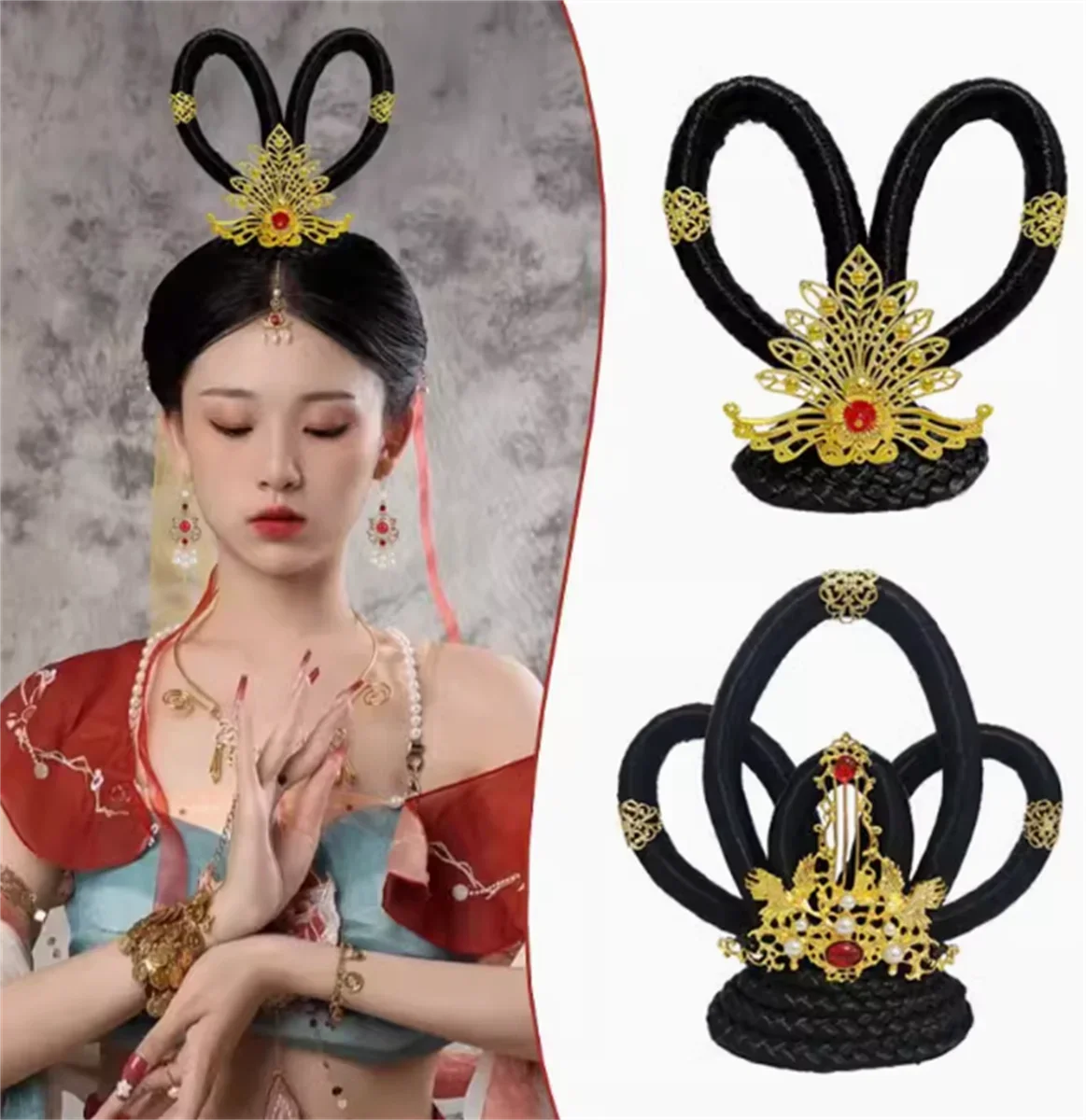 Hanfu wig, Dunhuang flying bun headwear set, classical dance performance hair accessories