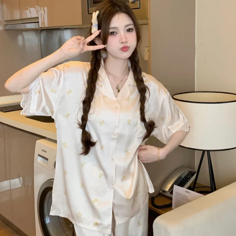

Women's Spring Summer New Ice Silk Pajamas Set Girls Students Cute Senior Sense of Cartoon Short-Sleeved Long Pants Homewear