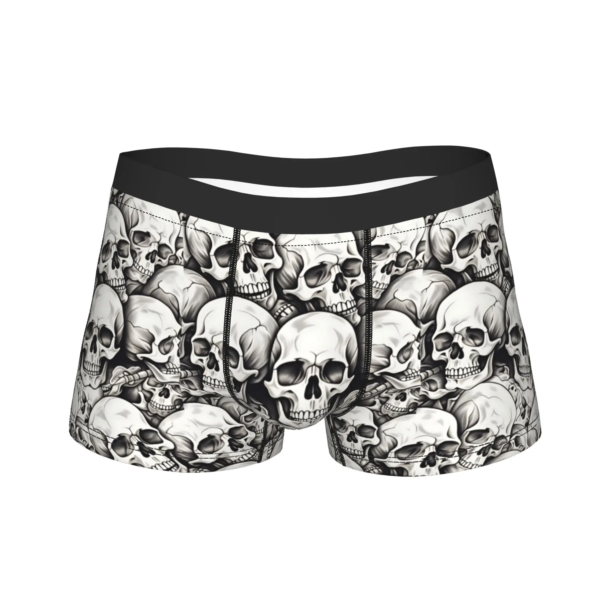 Sketch Shaded Stacked Skulls Seamless Pattern Boxer Shorts  3D Pouch Underwear High Quality Boxer Brief Breathable Men Panties