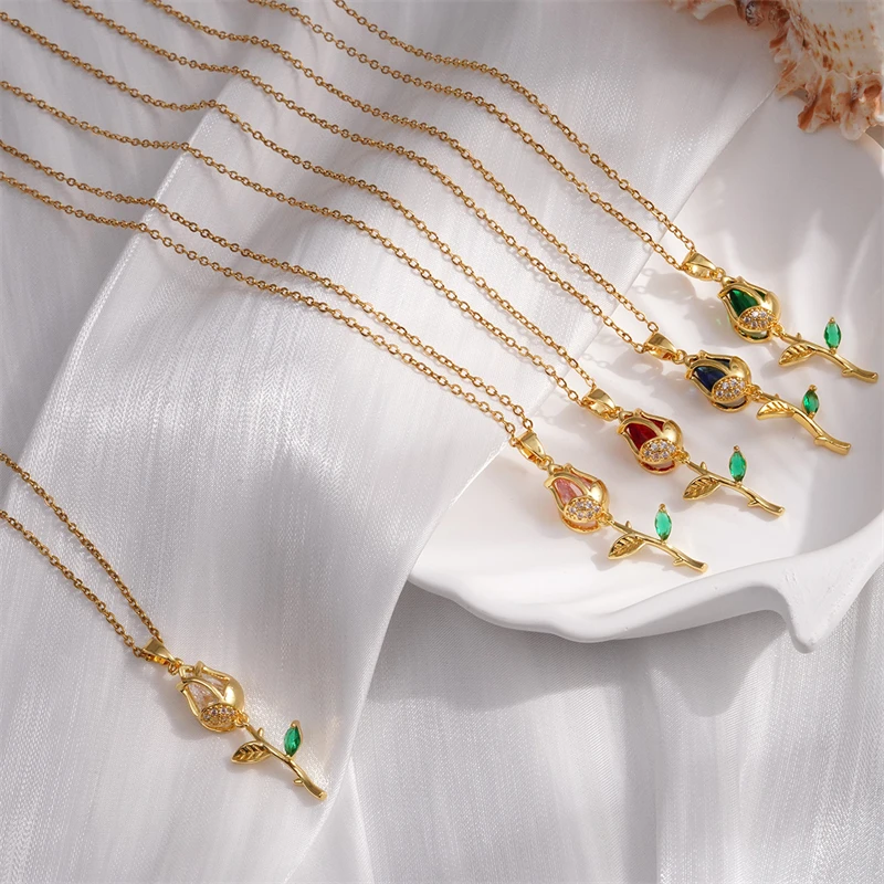 Edle Edelstahl-Tulpenanhänger-Halskette für Damen Elegante Goldfarben-Kette Blumen-Halskette Glücksbringer-Schmuck Geschenk – Detail 1