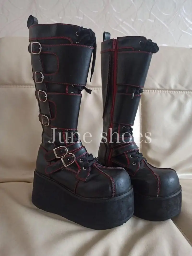 Lady Vintage Black Lace-Up Platform Knee Boots Buckle Strap Footwear Fall Runway Side Zip Daily Punk Y2K Red Boots Size 33-46