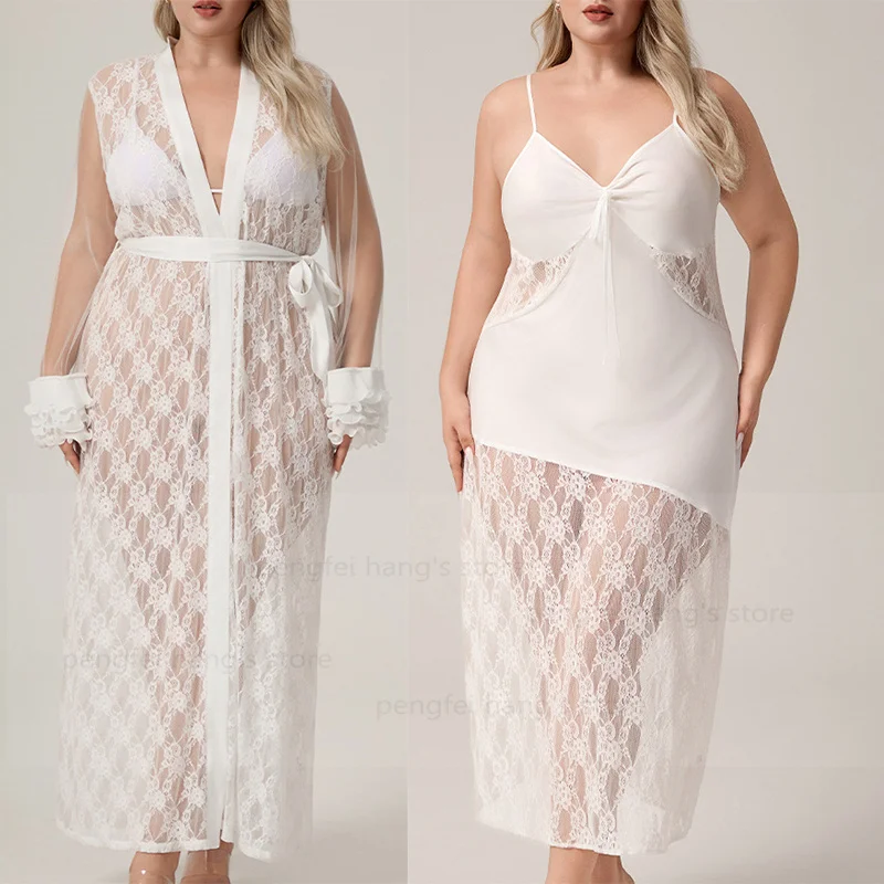 

Белый Vestidos De Novia, женское сексуальное прозрачное сетчатое кимоно, банный халат, кружевное лоскутное ночное платье, большой размер 3Xl 4Xl 5Xl, нижнее белье
