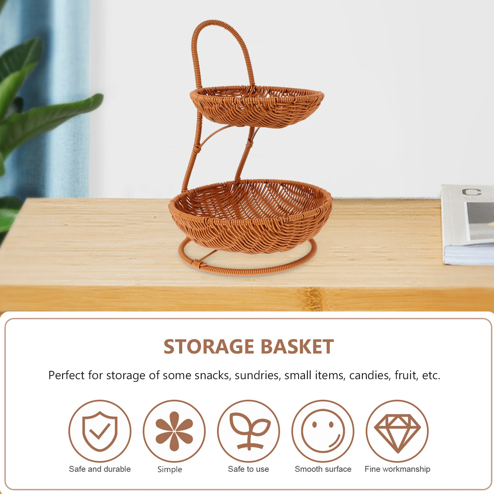 

Round Plastic Storage Basket Double-Handle Design Versatile Fruit Tray Snack Holder for Home Office Kitchen Organizing Basket