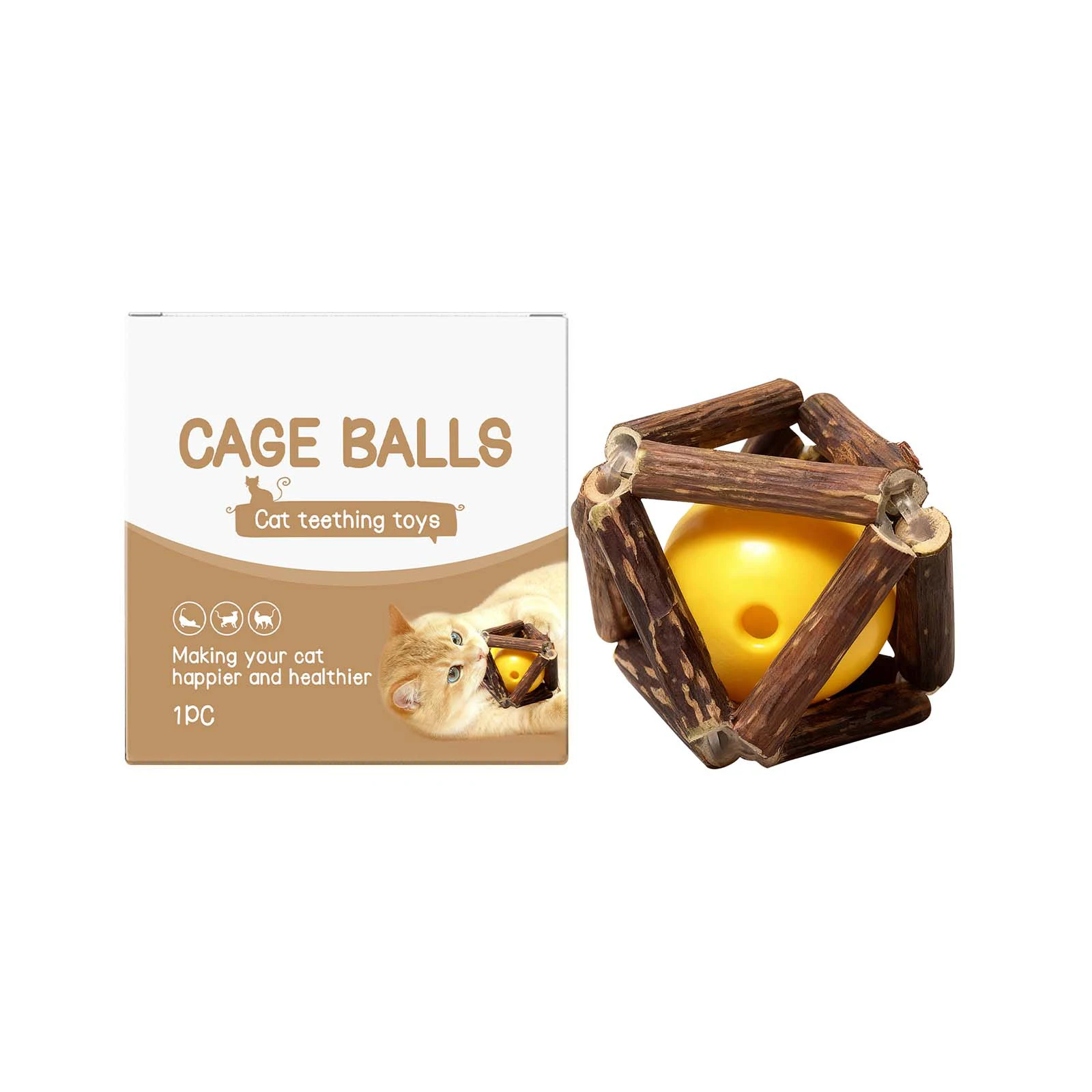 Cat Chew Toy Fun Cage Balls Wooden Plastic Toys Promoting Oral Health Self-Entertaining Toy for Cats to Play and Relieve Boredom