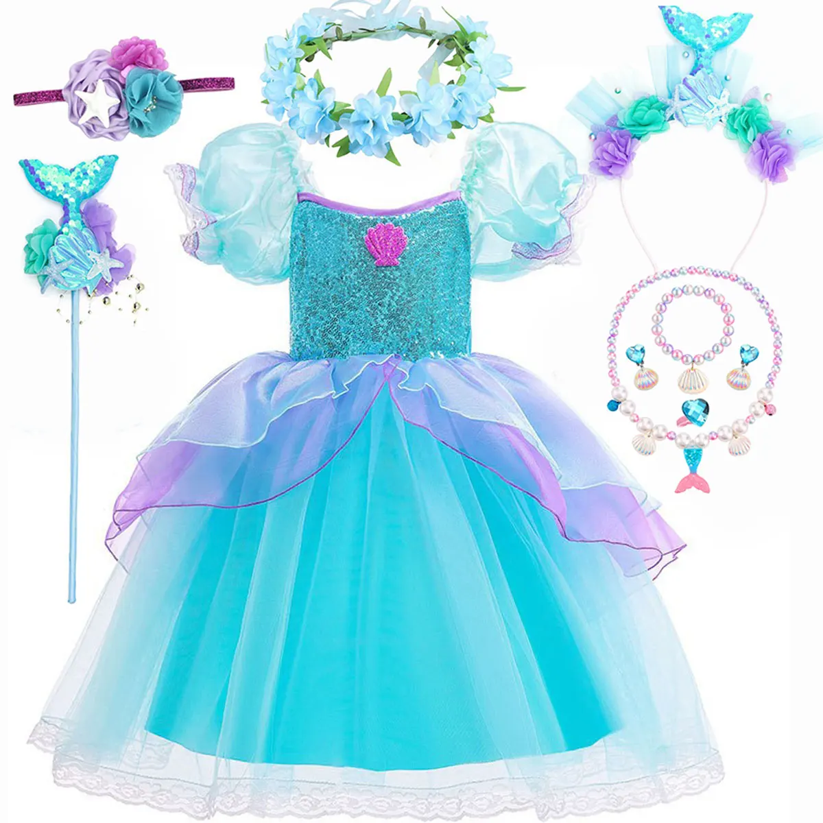 Disney Girl Mermaid Dress Children Birthday Party Princess Cosplay Costume Ariel Halloween Fantasy Clothes Summer Elegant Gown