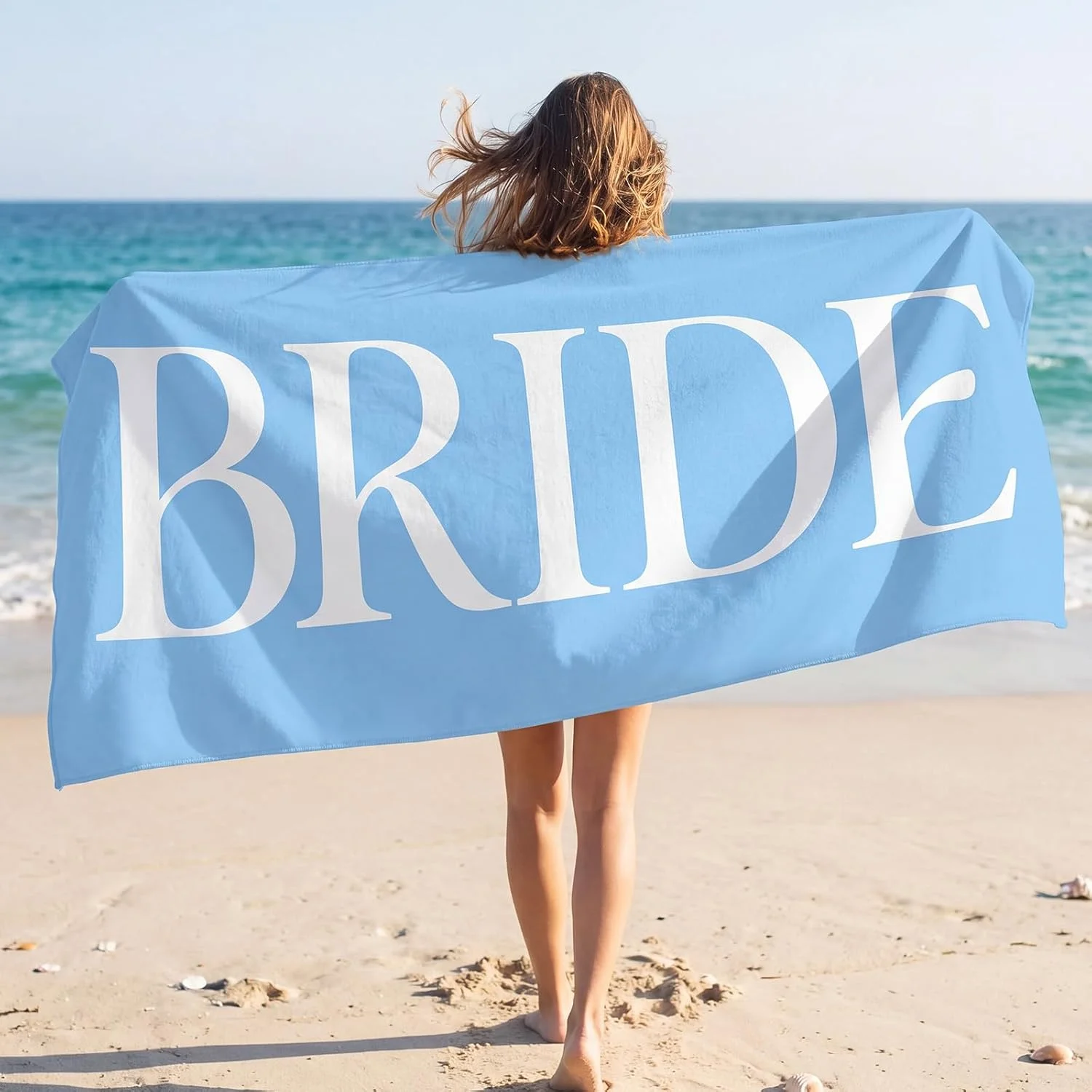 White Base Blue Seashell Starfish Bow Border Bride Text Super Absorbent Large Beach Towel Bachelorette Party Seaside Bath