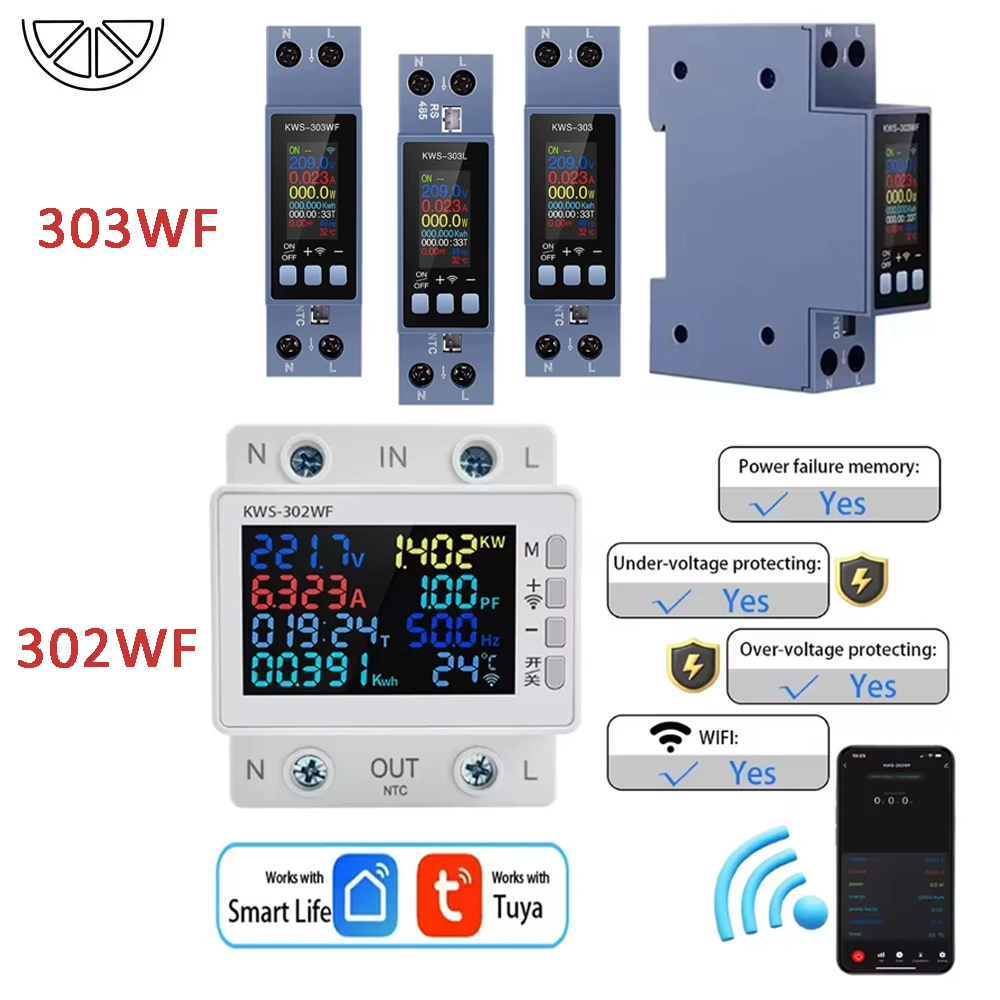Medidor de Energía WiFi Tuya 8 en 1, Medidor de Energía CA de 2 Polos, Control por Aplicación, 170-270V/63A, Medidor de Voltaje y Corriente, Medidor de Electricidad, Smart Life