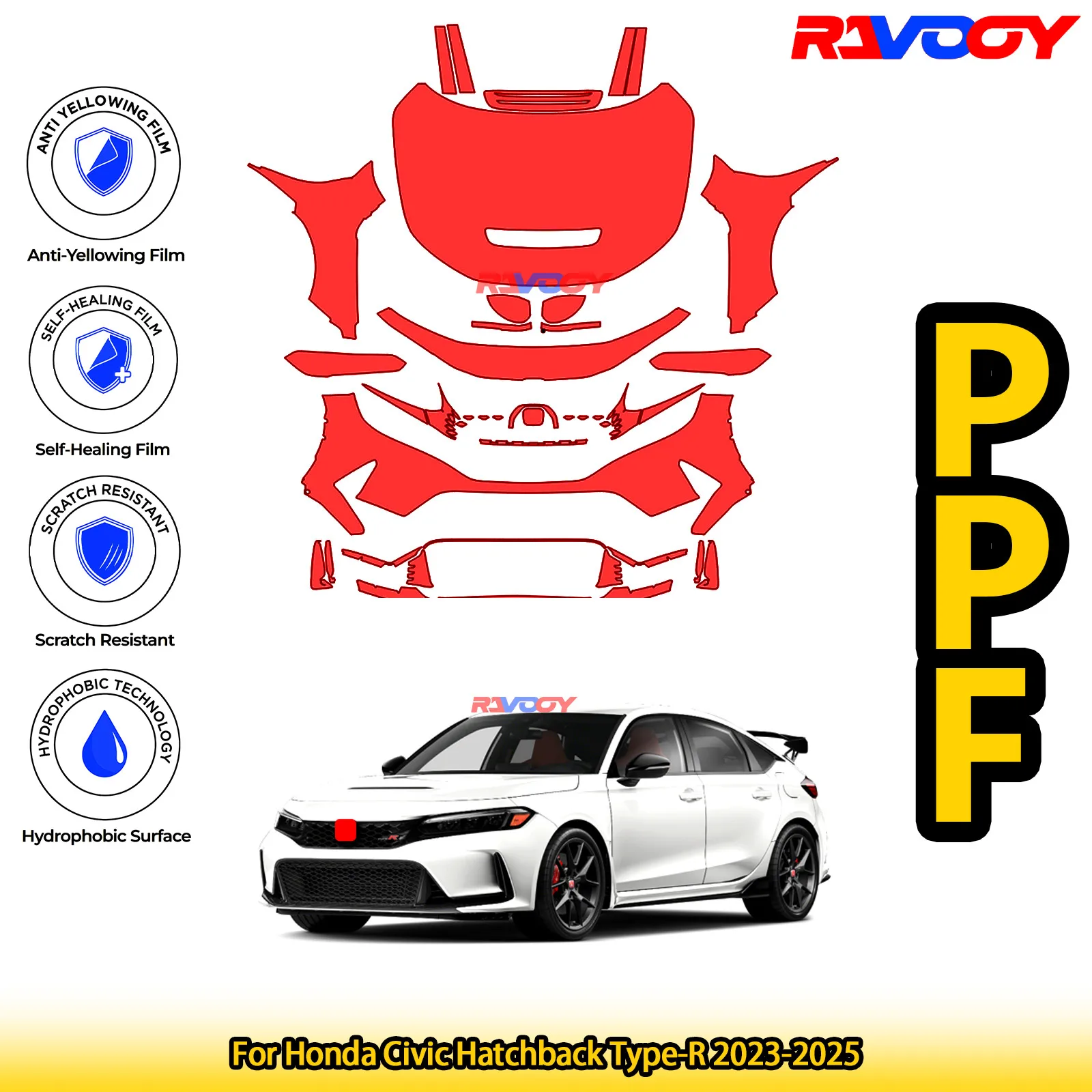 

Для Honda Civic Hatchback Type-R 2023-2025 глянцевый матовый черный предварительно вырезанный передний комплект PPF защитная пленка для краски