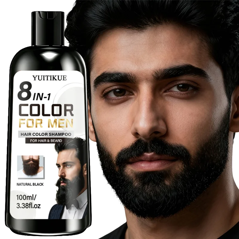 YUITIKUE 8 IN 1 Color for Men Hair Shampoo 100ml - Natural Black, Grey Coverage, Hair & Beard, Long Lasting
