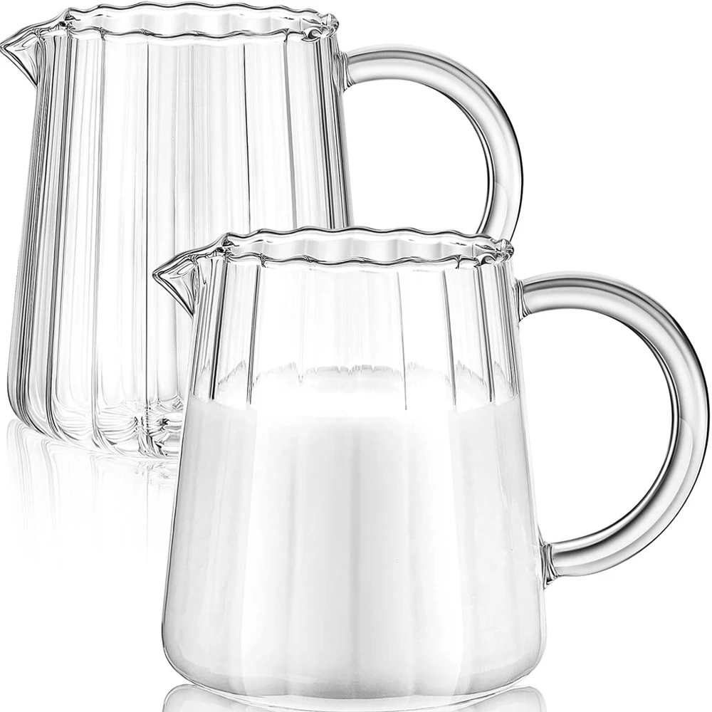 2 Pcs Glass Pitcher - Elegant Shaped Creamer, Tea, Coffee, Milk Frothing Pitcher - Wave Style, 250 ml