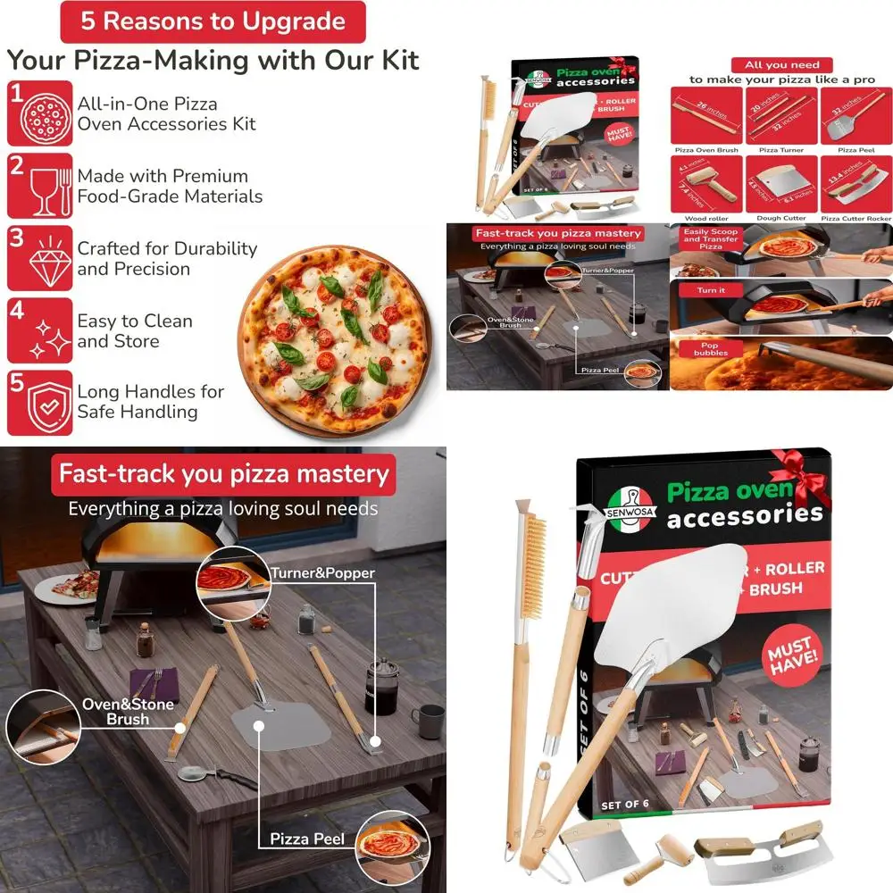 

Complete 6-Piece Pizza Oven Accessory Kit: Pizza Peel, Brush, Turner, Cutter, Roller, Scraper for Homemade Pizzas