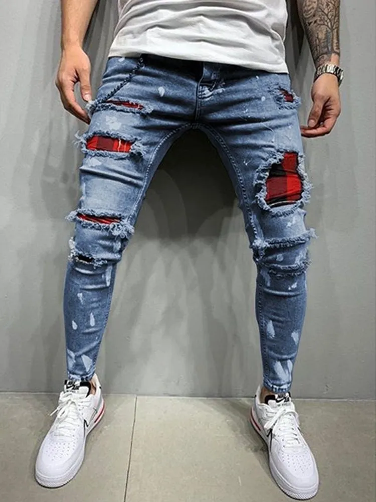 Calças de brim bordadas acolchoadas masculinas rasgadas grid estiramento denim homem elástico na cintura retalhos jogging