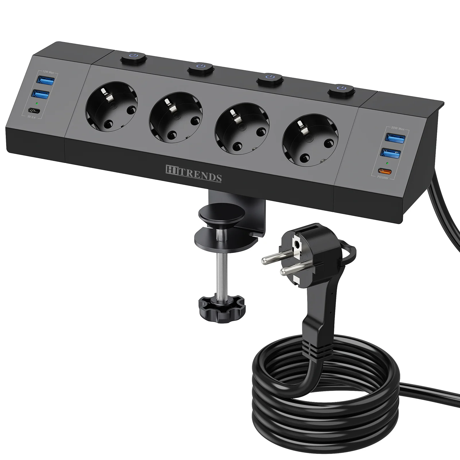 Eu Multi-plug stekkerdoos met desktop klemapparaat trekringstekker 4 USB-A en 2 USB-C-poorten enkele bedieningsschakelaar 2 m kabel