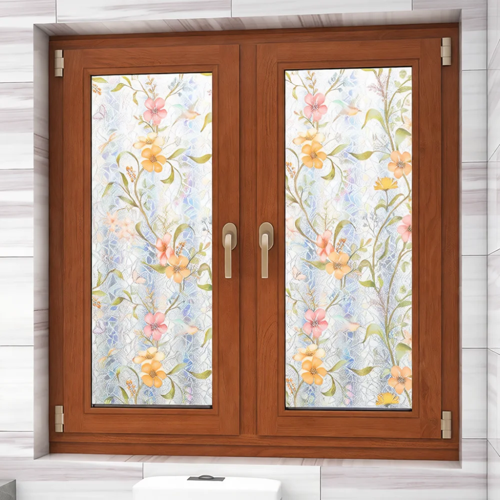 Static Cling Window Decal Rainbow Glass Film Privacy Protector Decorative Sun Control Heat Insulation Floral Design Sticker