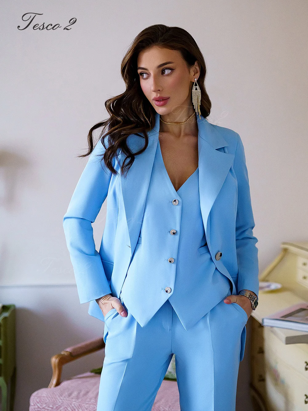 Tesco 2 Blue Suit For Women Slim Fit Ankle-length Pencil Pants For Business Office Lady Suit Jacket 2 Piece Formal Occasion Wear