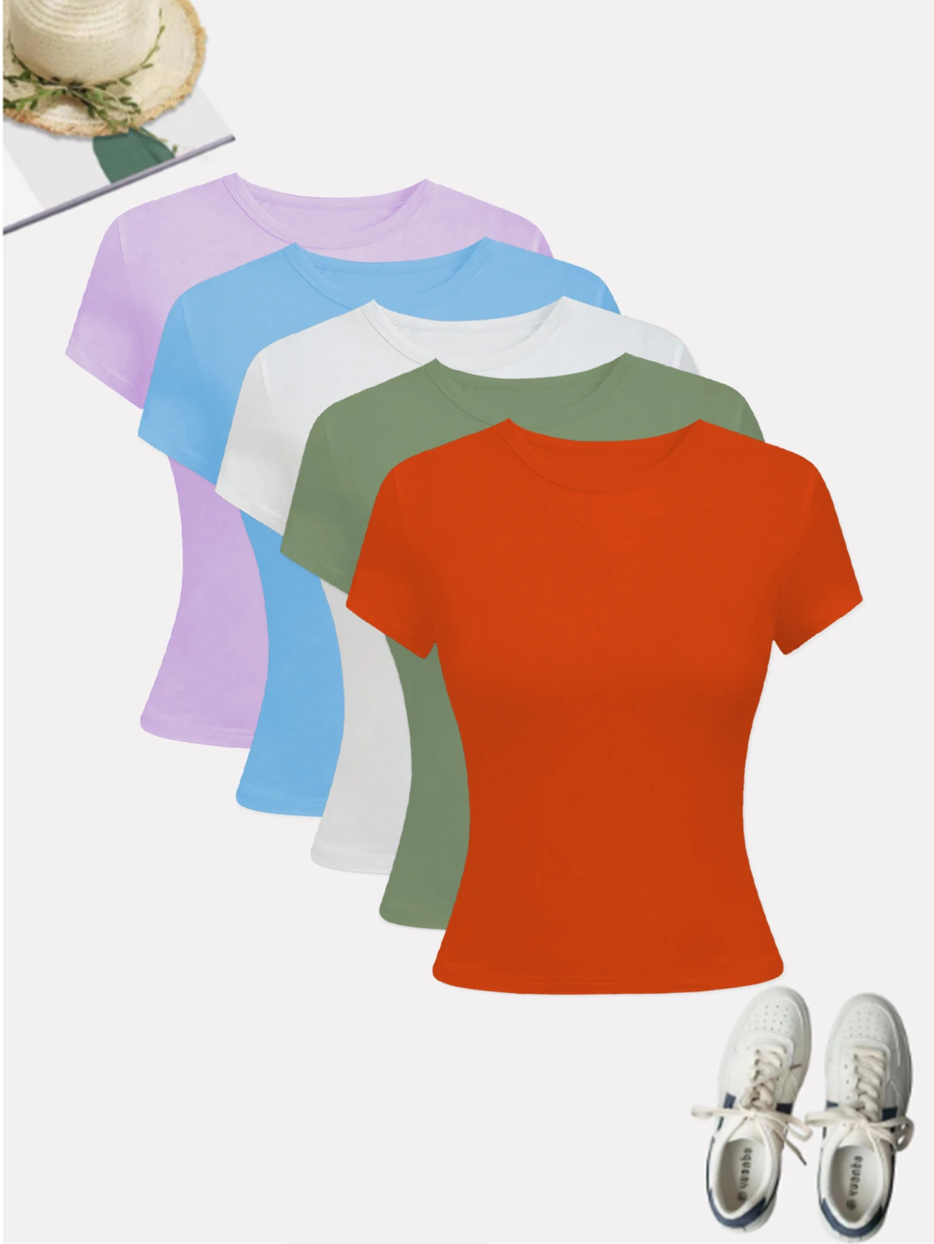 

Spring, Summer and Autumn New Style Women's Fashion Trend Solid Color Round-neck Women's T-Shirts Set of Five