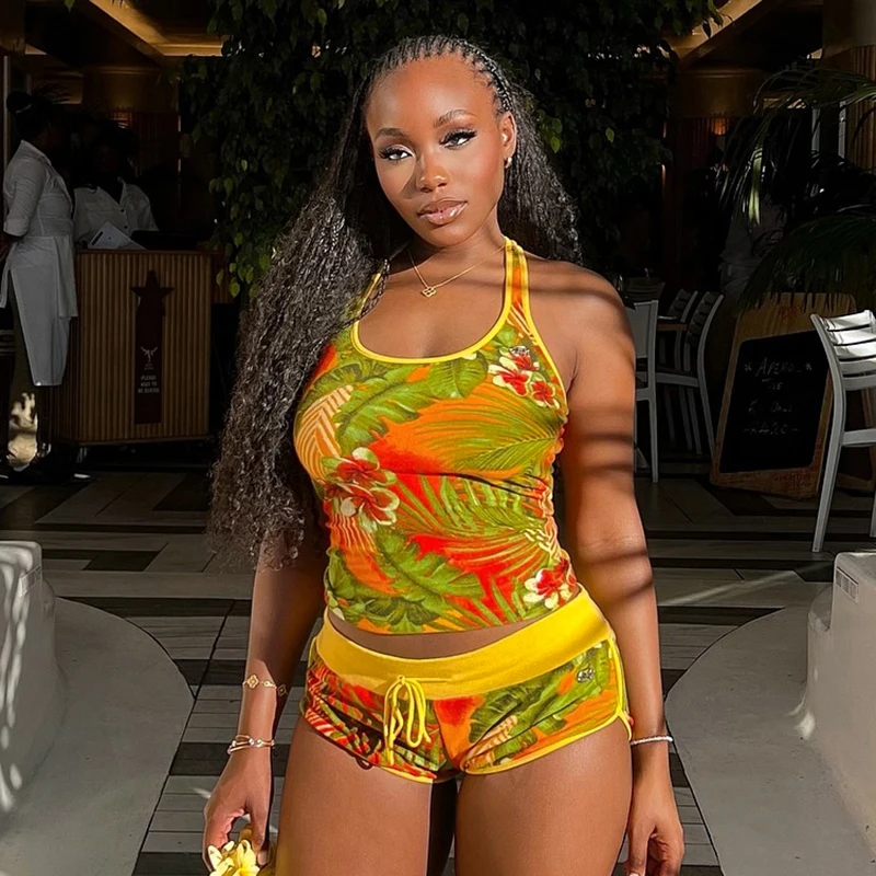 CUTENOVA 2025 Summer New Sexy Hanging Neck Color Collision Printed Top + Drawstring Super Short Pants Set Hottie Girl Sets