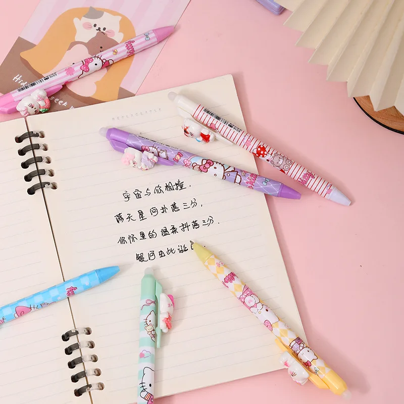 

6PC New Cute Cat Resin Patch Erasable Press Pen Girl High Value Neutral Pen Cartoon Gift Pen Blue