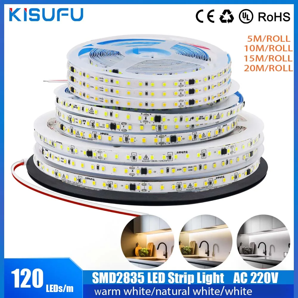 10M 20M 50M/Roll LED Strip Light AC 220V SMD2835 120LEDs/M IC IP44 10cm Cuttable Flexible Ribbon Rope Tape Light Lamp Home Decor