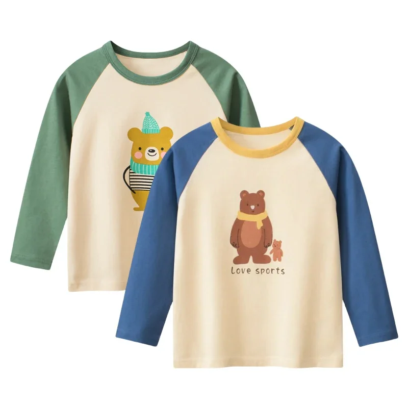 

Children's Clothing Spring and Autumn New 2025 Girls Long-sleeved T-shirt Kids Raglan Sleeve Cartoon Bear Print Bottoming Shirt