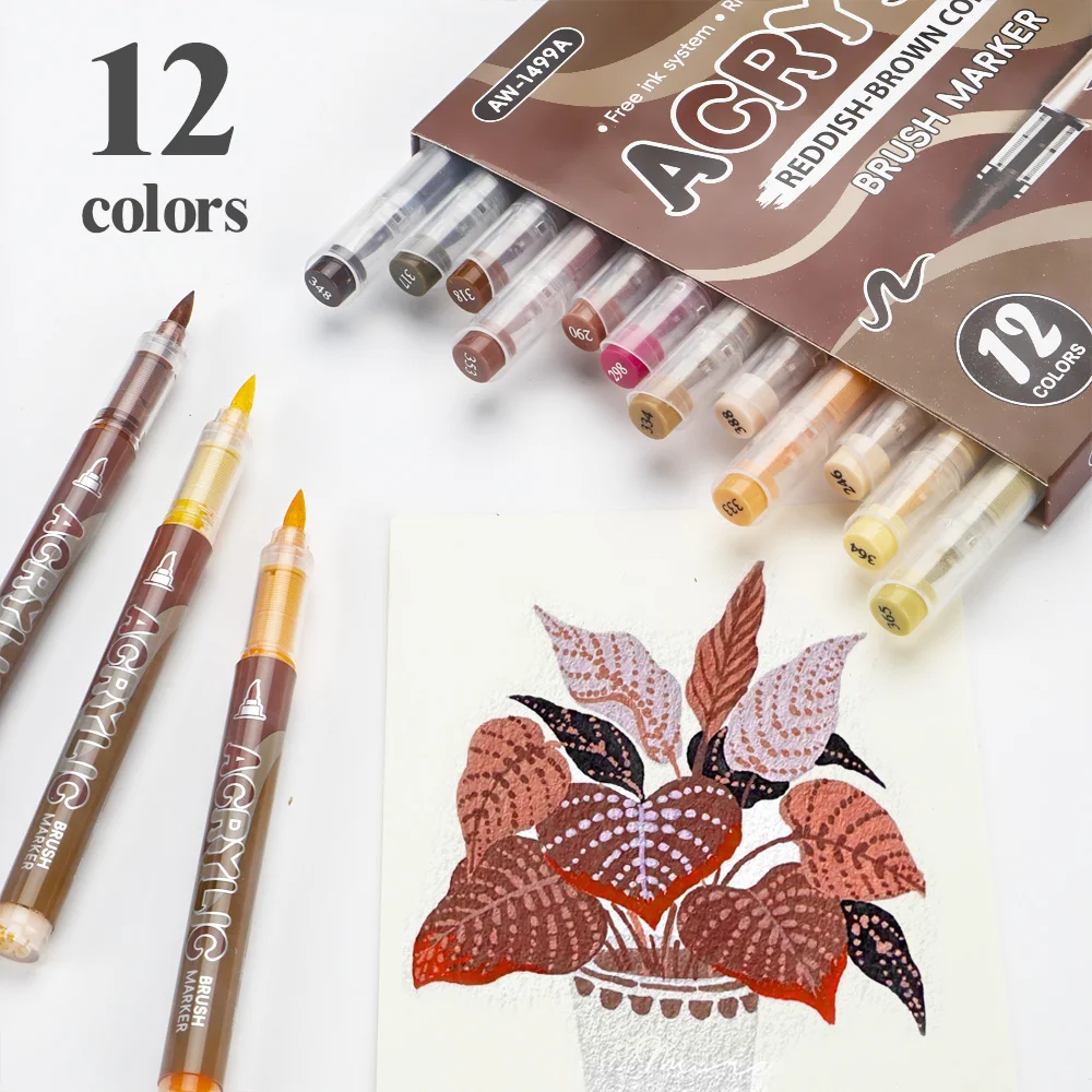 

12-цветные акриловые маркеры с мягким наконечником, красновато-коричневая серия для рисования аниме, творчества, рисования, дерева, камня, товары для рукоделия