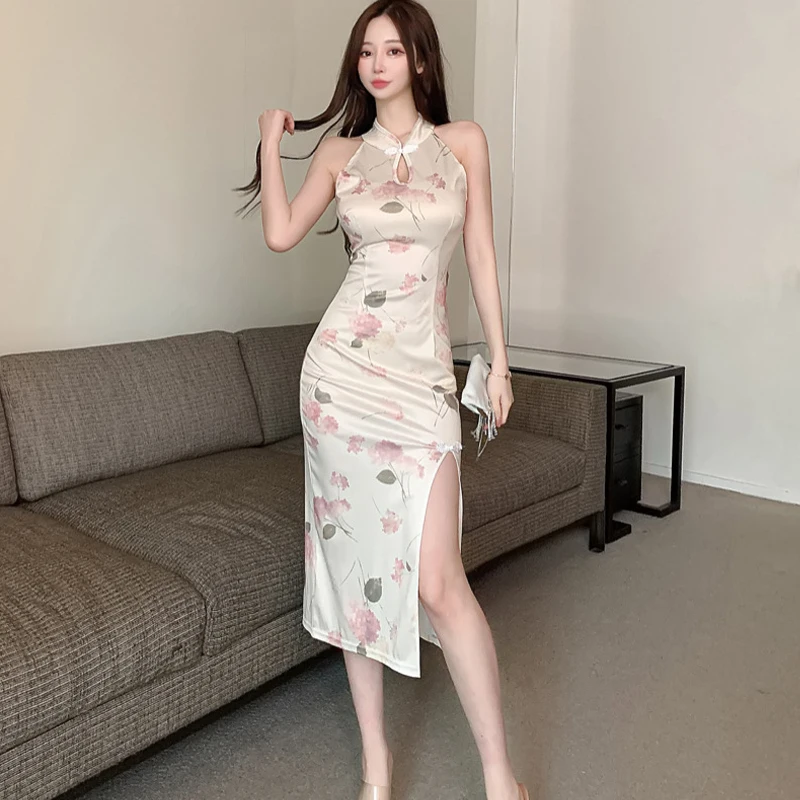 

Elegant Women Chinese Style Flower Printed Slim Cheongsam Retro Qipao Sexy Party Dresses Bodycon Evening Dress Vintage Vestidos