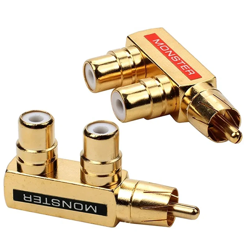 2/4/8/16PCS Two Three-way Gold Plated RCA One Point Plug Monster Lotus RCA 1 Male to 2 Female AV Audio Adapter RCA Connector