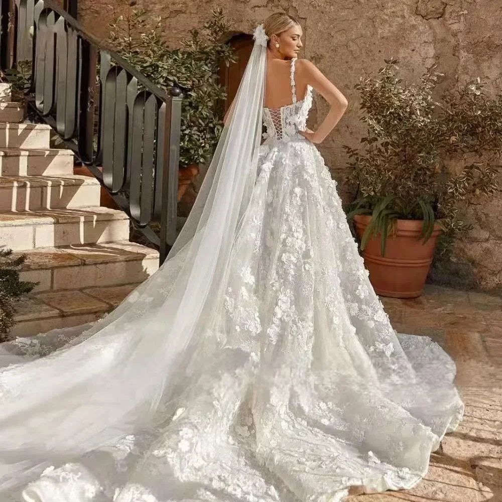 Customized Luxury 3D Flowers A-Line Glamorous Wedding Dresses Boat Neck Vestido De Novia Elegant Lace Appliques Bridal Gowns