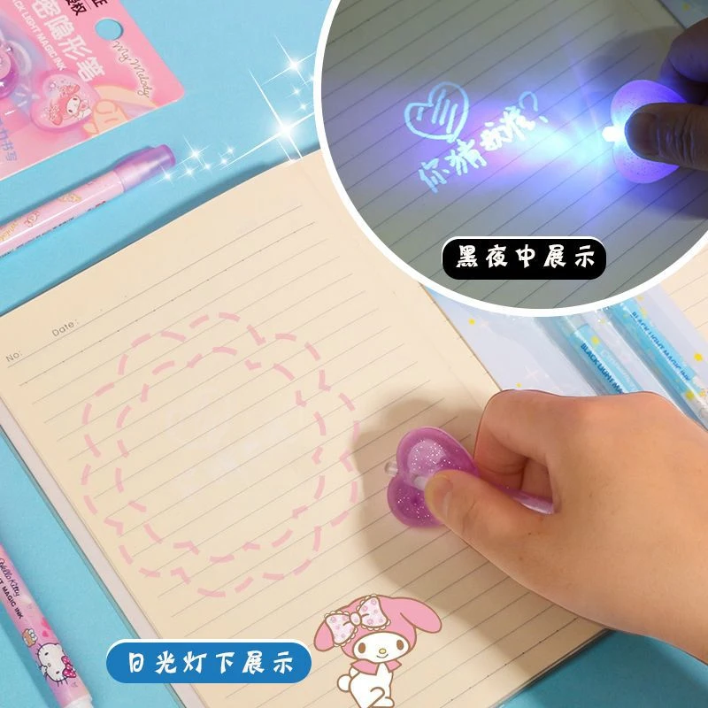 Cute Cartoon Anime Highlighter Pen com luzes, presente de escrita invisível para amigo, Sanrio Cinnamoroll Kuromi My Melody Hello Kitty