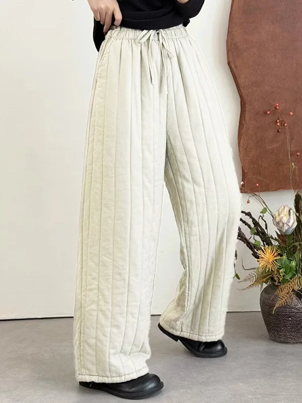 Winter New Sle Women's Casual Wide Leg Pants Elastic Waist Belt Cotton Trousers Slimming Versatile Thi Long Trousers