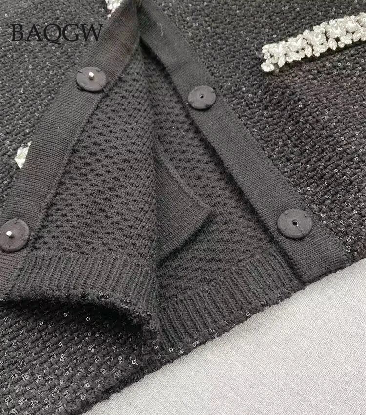 2025年春新作 長袖 丸首 クラシック ブラック ニット レディース カーディガン セーター コート ダイヤモンドとスパンコール付き
