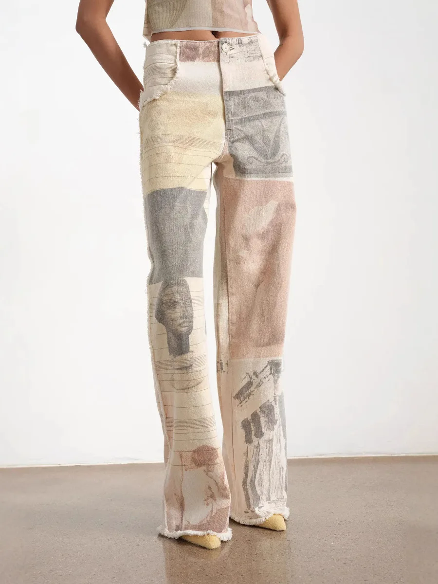 

Свободные джинсовые брюки в стиле ретро с цветочным принтом, широкие брюки прямого кроя длиной до пола, повседневные женские джинсы с высокой талией, длинные брюки