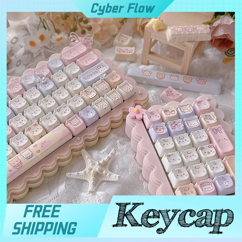 Imagem -06 - Urso Kawaii Bonito Eao Keycap Expressão Rosa Pbt Roxo Teclado Mecânico Personalizado Lado Gravado Cat Keycap Iso Layout Ansi