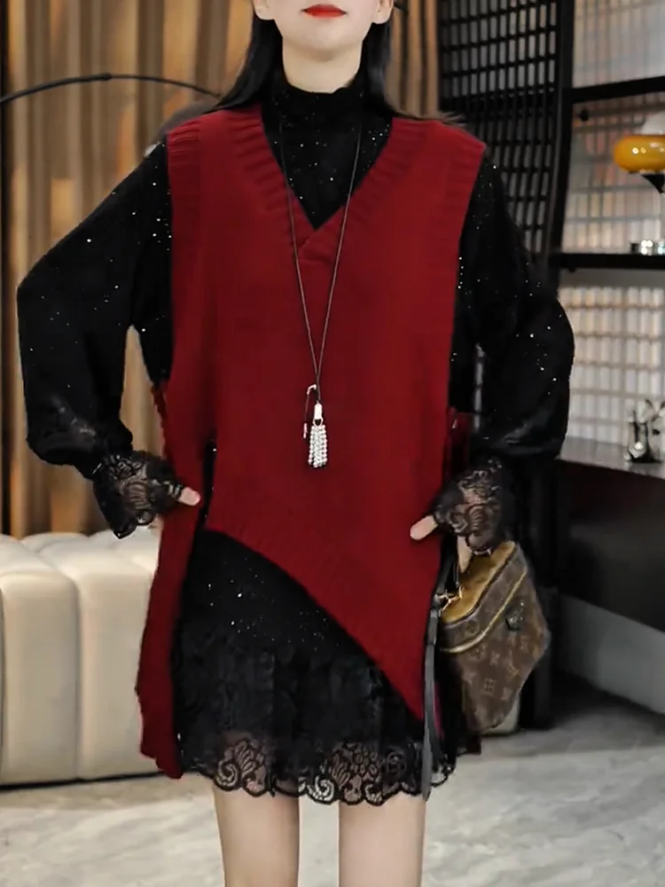 

Корейский дизайн, V-образный вырез, вязаный жилет, осень 2025, новинка, большие размеры, элегантный, модный, универсальный, стройнящий топ, женская мода