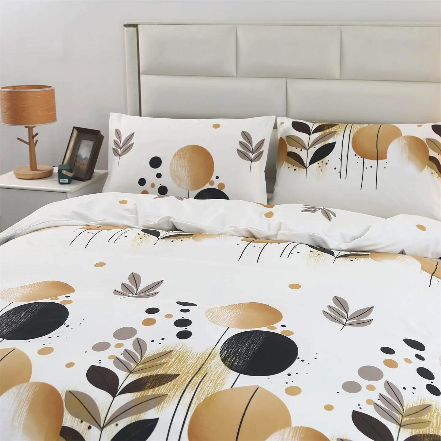 Abstract Botanical Duvet Cover Sets Beige Modern Mid Century Boho Bedding Sets for All Seasons, 3 Pieces Home Bedroom Decoration