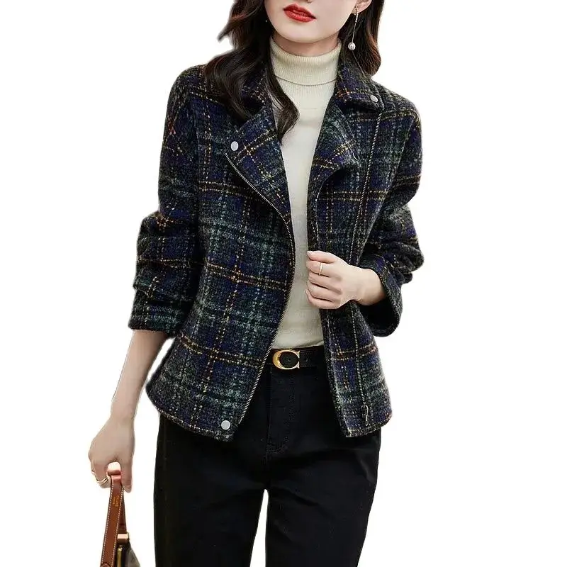 

Fashion Checked Contrast Stitching Woolen Jacket New 2023 Autumn Winter Women's Coat Tops Korean Style Woolen Blend Outerwear