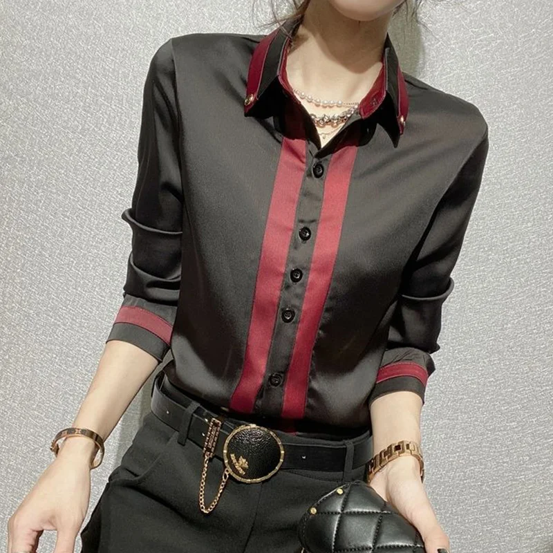 2023 Spring New Fashion Contrast Color Forged Material Shirt Office Lady Polo-Neck Long Sleeve Single Breasted Femme Slim Blouse