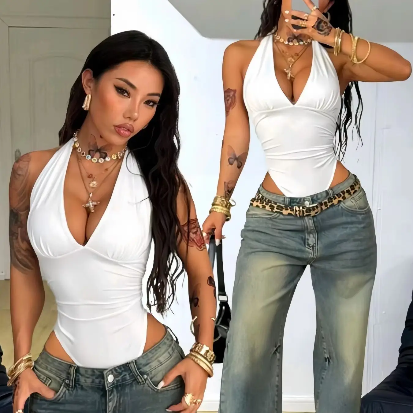 Damen Neckholder-Body mit tiefem V-Ausschnitt, gerafftem Design, schmaler Passform, ärmellos, Sommer 2026, Y2K, einfarbig Weiß, für Ausgeh-Looks, Streetwear-Jumpsuit-Oberteil – Detail 3