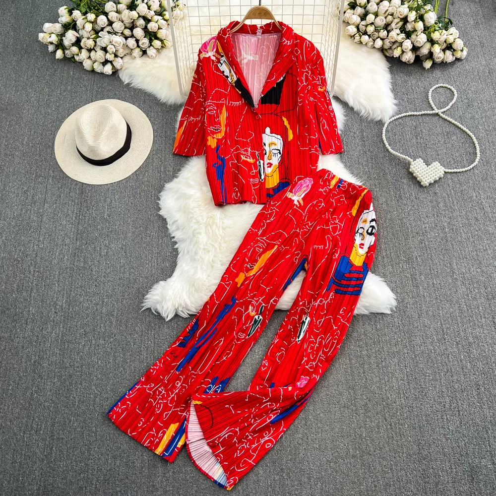 

Fashion Pajama Sets for Women Loose Printed Single Breasted Suit Collar Shirt Two-piece High Waisted Wide Leg Pants Sleepwear