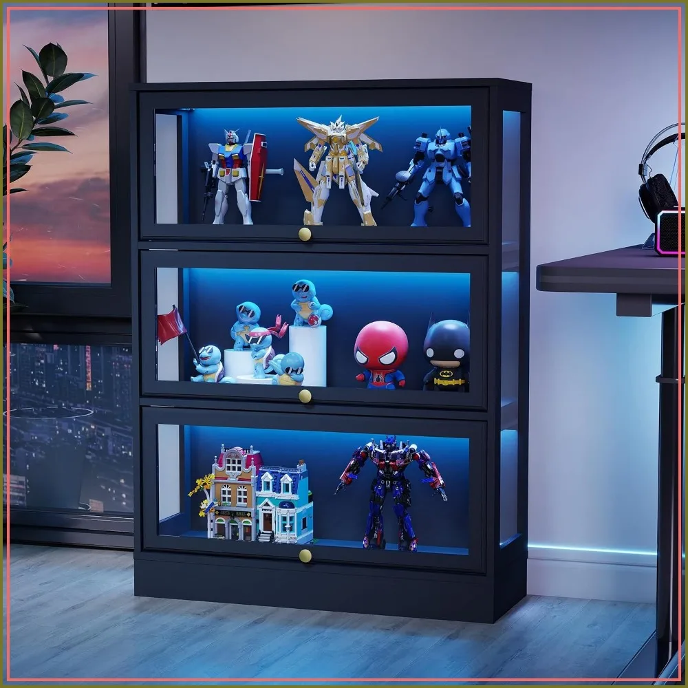3-Tier Display Cabinet with Acrylic Doors and LED, Black Curio Shelf for Collectibles