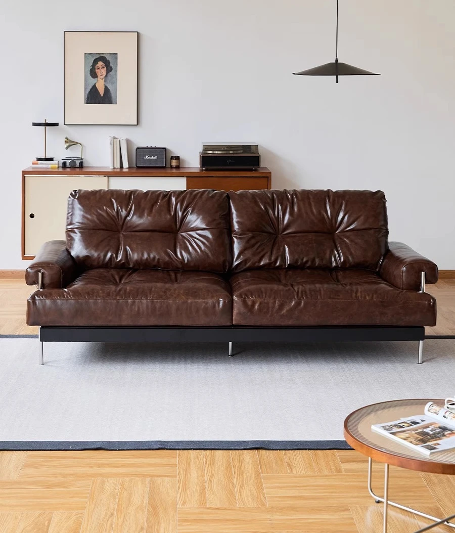 

Vintage Oil Wax Genuine Leather Art Sofa Italian Style Straight Row Top Layer Cowhide Mid-Century Style Sofa