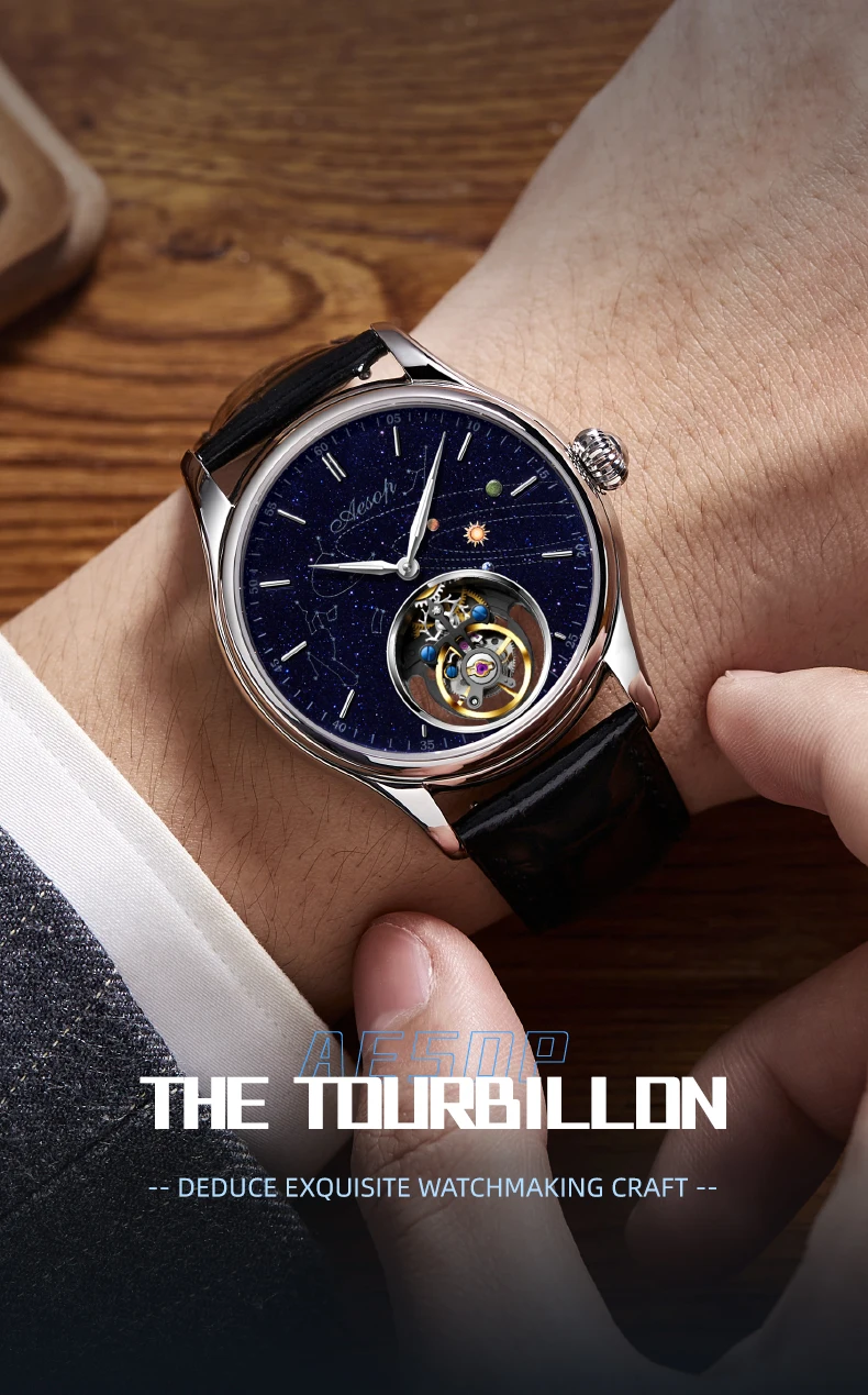 AESOP（manual 7025G）Tourbillon Mechanical Watch for Men, Starry Sky Blue Sandstone Dial Stainless Steel，Dial diameter 42.5MM