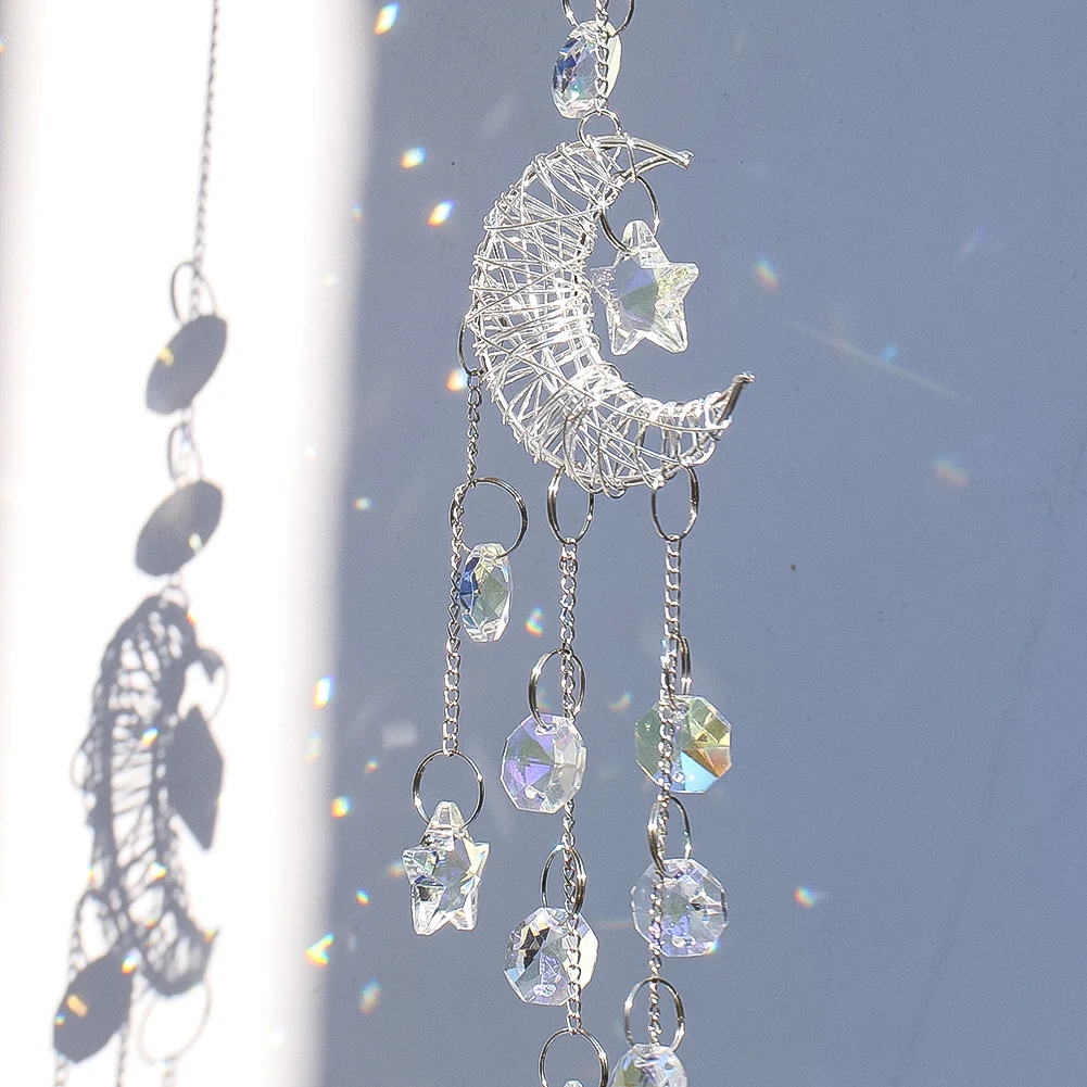 Moon Hanging Crystals Suncatcher Prism Wind Chimes Crescent Star Glass Bead Eye-catching Rainbow Maker Window Pendant Home Decor - view 4